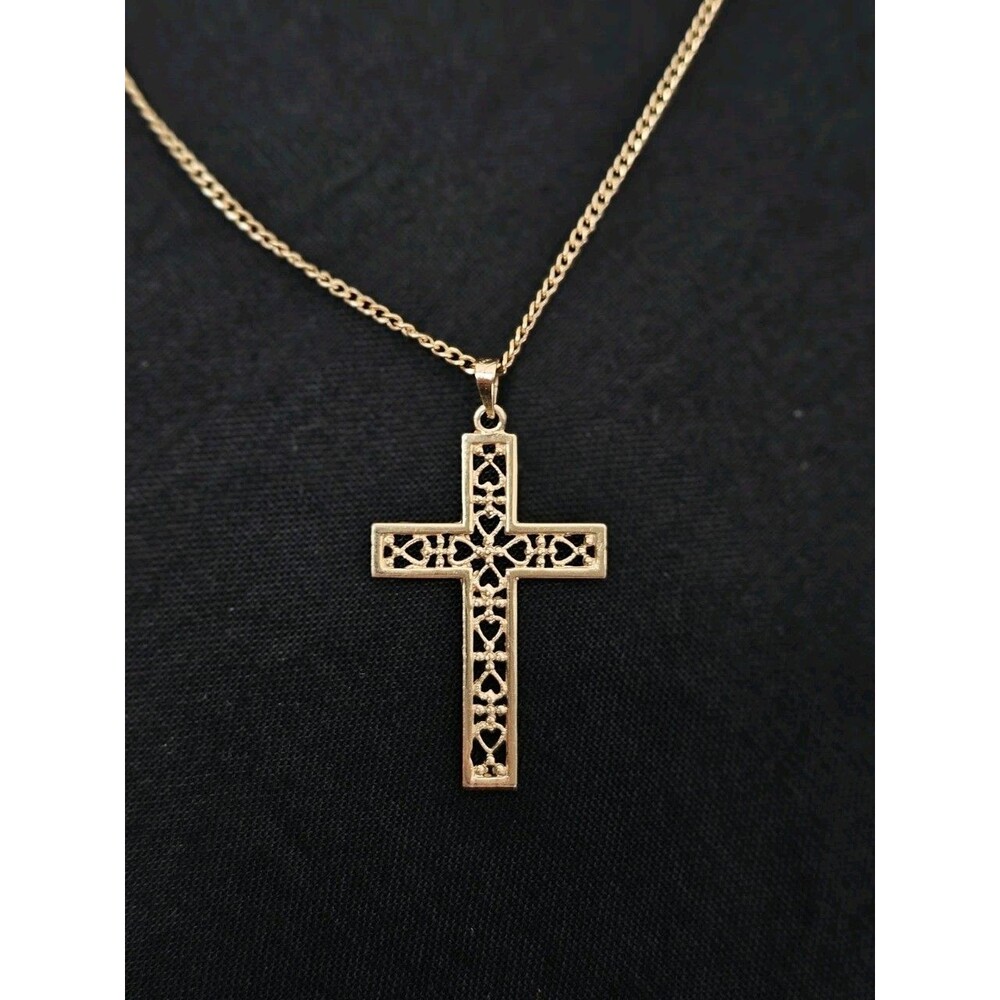 14k Yellow Gold Cross Pendant Heart Filigree Necklace 18” 3.35 Grams Signed
